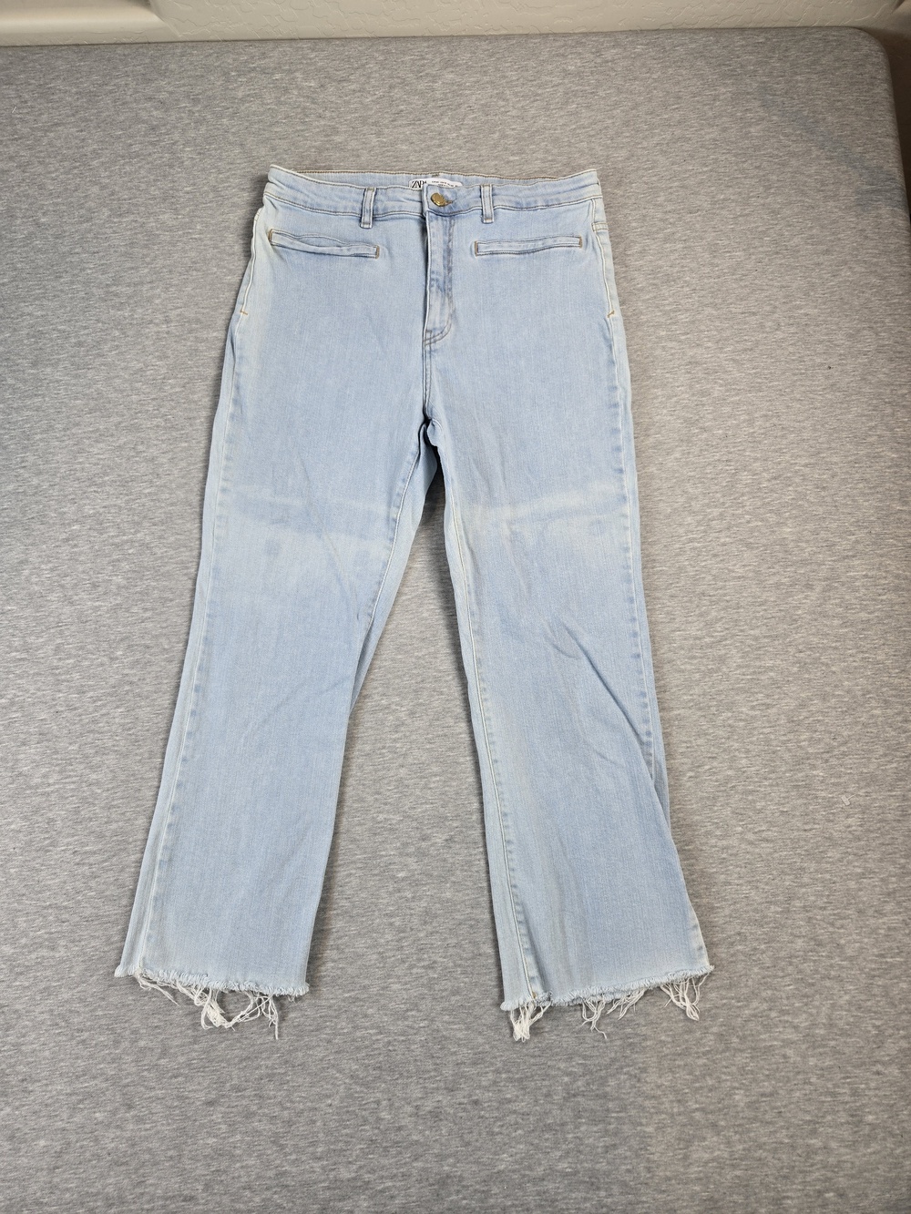 Zara Jeans Womens 12 Light Blue High Rise Frayed Hem Straight Leg Denim Pants